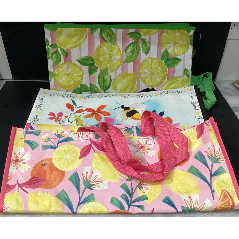 Home Goods Reusable Shopping Tote Bag Bundle, Lemon Floral Bee Kind Pink White